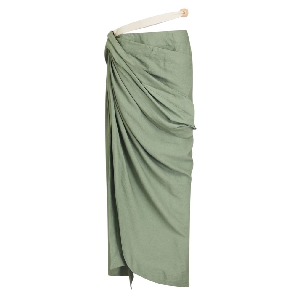 Jacquemus Abanada Draped Embellished Twill Maxi Skirt Euro Size 36 Sage Green - Picture 3 of 15